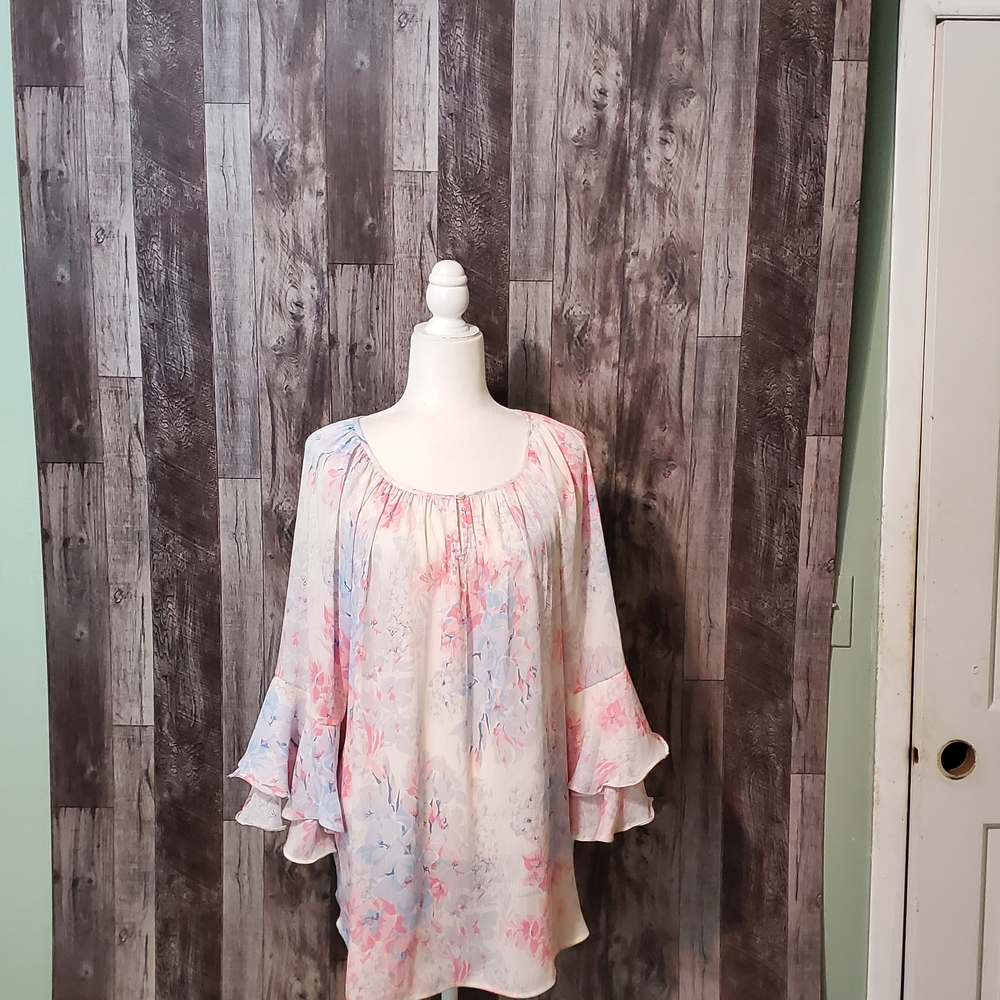 Chaps Pink and Blue Ruffled Blouse